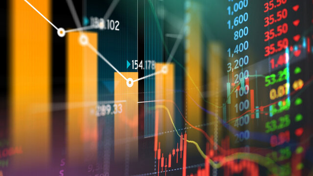 Glowing orange bar charts combined with digital stock market price tickers and candlestick graphs illustrate real-time trading metrics, financial market trends, and data-driven investment analysis.