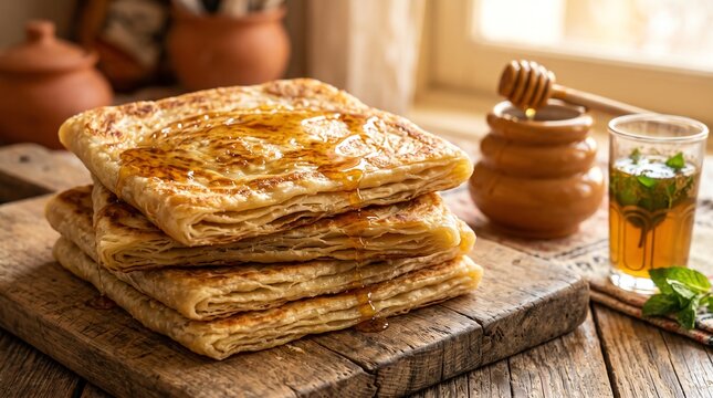 msemen moroccan flatbread stacked with honey drizzle on cutting board with mint tea