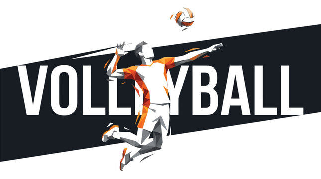Dynamic low poly vector illustration of a male volleyball player performing a powerful jump spike shot