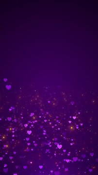 Violet heart background romantic particles gathered warm golden specks, and open space text. love messages, wedding reels, proposal cards, Valentine posts, invitation videos, soft animated overlays.