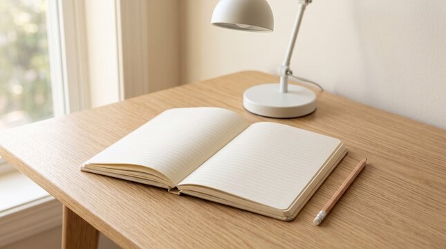 Open notebook with pencil on wooden desk with desk lamp, cozy study and learning setup, books and knowledge concept, warm light, school and library atmosphere, education, isolated, minimalist, high re
