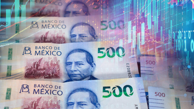 Mexican 500 peso banknotes overlaid with glowing digital stock charts, candlestick graphs, and binary codes illustrate currency strength, financial market trading, and Mexican economic analysis.