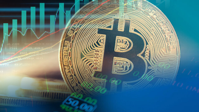 A physical Bitcoin coin overlaid with glowing digital stock charts, green bar graphs, and price metrics illustrates cryptocurrency market trends, digital asset trading, and modern investment analysis.