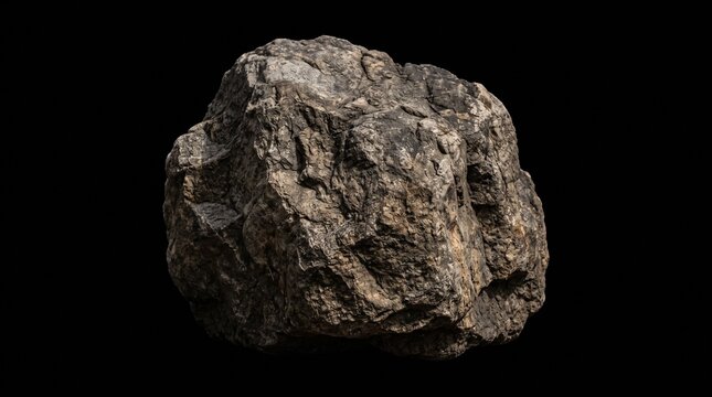 Detailed Craggy Natural Stone Boulder with Rough Weathered Texture Isolated on Solid Black Background
