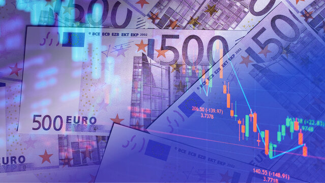 Euro 500 banknotes overlaid with glowing digital stock charts, candlestick graphs, and data tickers illustrate eurozone currency trends, European financial market trading, and regional economic 