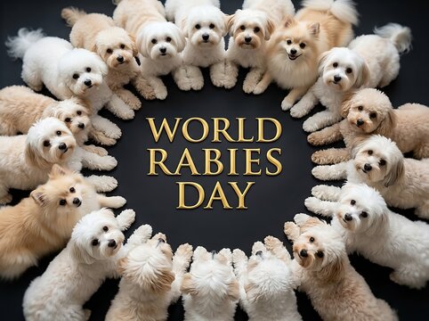 Adorable group of small fluffy dogs arranged in a circle celebrating world rabies day together