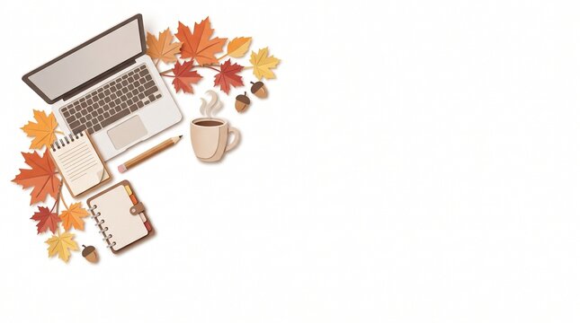 Autumn Remote Study Paper Cut Corner Border with Laptop Notebook and Coffee Copy Space on White Background