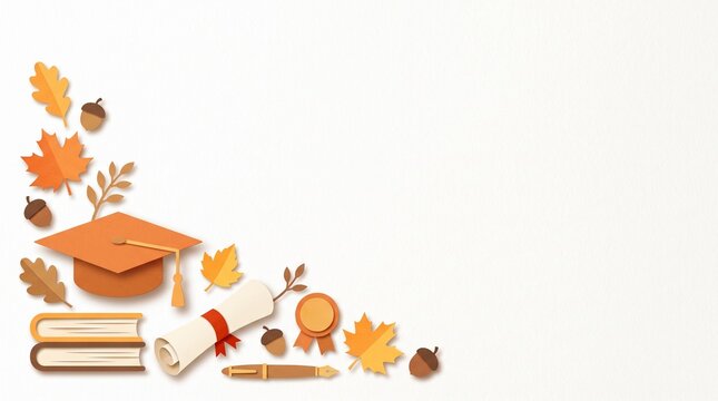 Autumn Graduation Paper Cut Bottom Left Corner Border with Diploma Books and Copy Space on White Background
