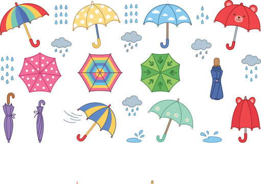 Colorful umbrella collection featuring open and closed umbrellas, rainy weather elements, raindrops, clouds and cute cartoon vector illustration set