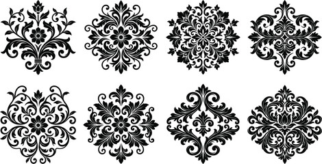 Fototapeta premium Vintage black floral damask ornaments and baroque decorative motifs set for luxury design.