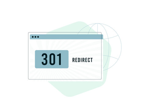 301 redirect with permanent URL forwarding, website migration, SEO optimization and domain redirection for preserving search rankings and link authority. Flat design vector illustration.