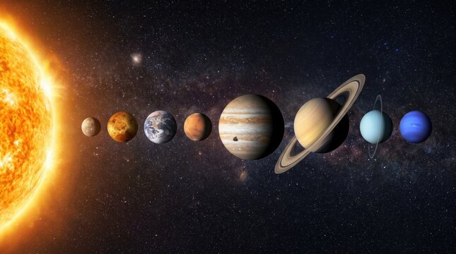 Artistic illustration of the solar system showing the sun and planets aligned in outer space.