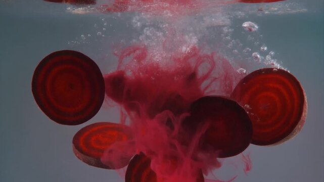 Vibrant red beetroot slices diffusing vivid color into clear water