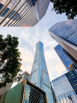 Low angle view of Beijing CBD skyline featuring China Zun tower in Beijing Guomao (China World Trade Center, China World, China World Towers, CWTC), China
