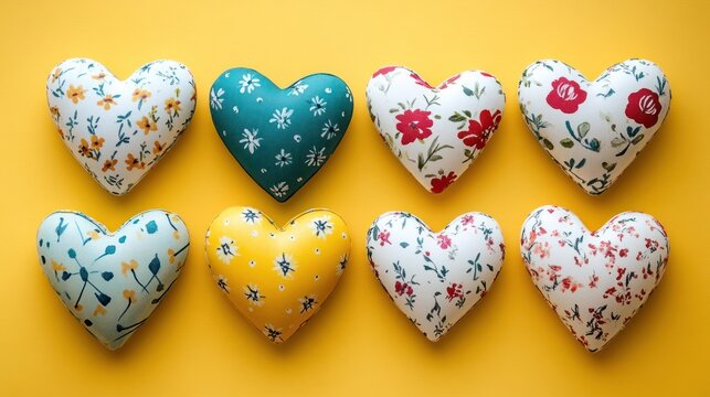 Nine patterned hearts on yellow