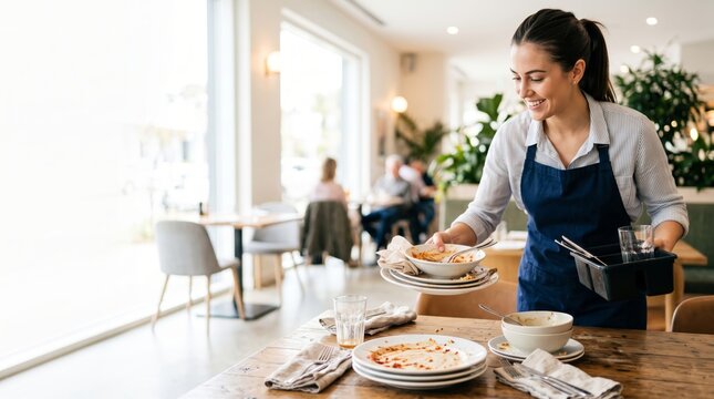 Smiling female waitress clearing dirty plates from restaurant table