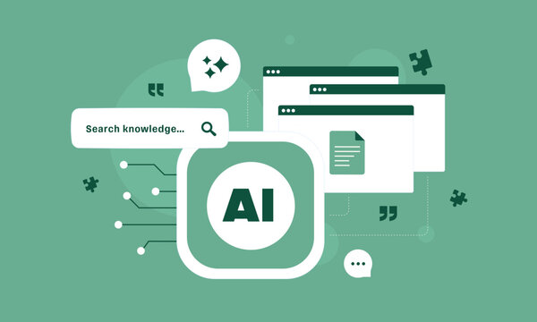 AI knowledge search with semantic retrieval, enterprise search, intelligent document discovery and ai contextual answers for faster information access. Flat design vector illustration.