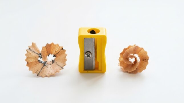 Yellow manual pencil sharpener with wood shavings sharpener shavings