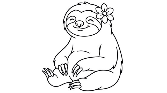 Cute sitting sloth with flower head coloring page