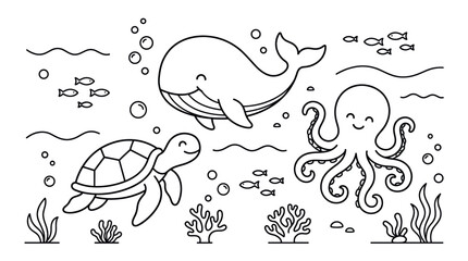 Ocean life whale turtle and octopus coloring page. © togor
