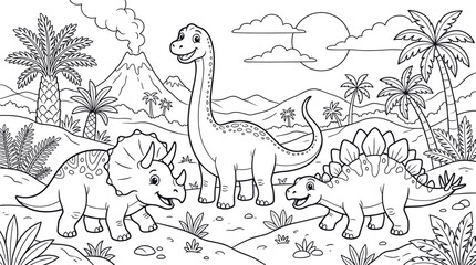 Prehistoric landscape with dinosaurs and volcano coloring page. © togor