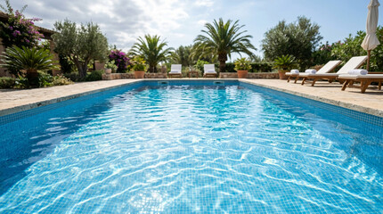 Fototapeta premium Luxury outdoor swimming pool with crystal clear blue water and sun loungers in a lush Mediterranean garden.