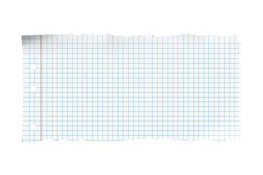 Torn sheet of blank graph paper, featuring a red margin and punch holes, placed on a transparent background