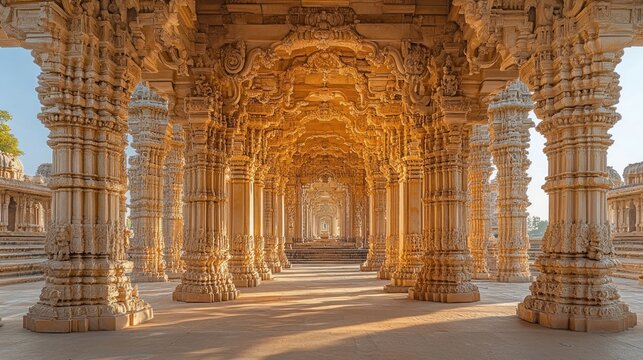 Ornate, sunlit temple colonnade