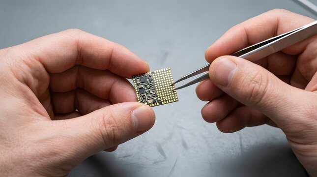 Close up of hands using tweezers to assemble a small electronic circuit board.
