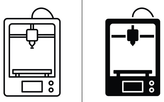 3d printer vector icon set featuring line art outline and solid silhouette design for manufacturing technology modern industrial production concepts