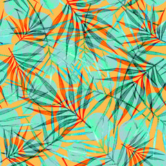Loud tropical seamless pattern. Colorful palm leaves background © AineGing