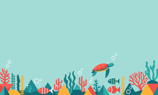 Underwater illustration with sea turtle fish and coral in flat design style. Large upper copy space.