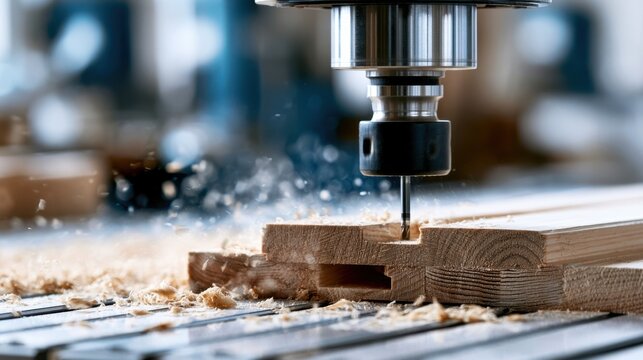 A close-up shot of a CNC router bit precisely carving into a piece of wood, with sawdust flying. The machine's head is visible, highlighting the intricate work being done in a workshop environment