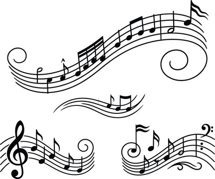flowing music notes on wavy staff lines treble clef silhouette vector graphic element isolated on white background