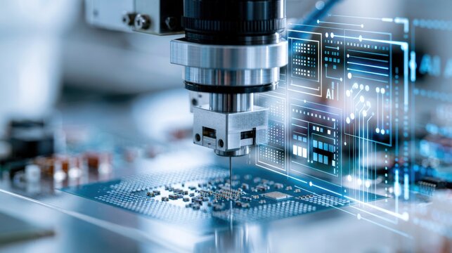 Advanced manufacturing equipment precisely assembling a complex microchip, with digital data visualizations overlayed.