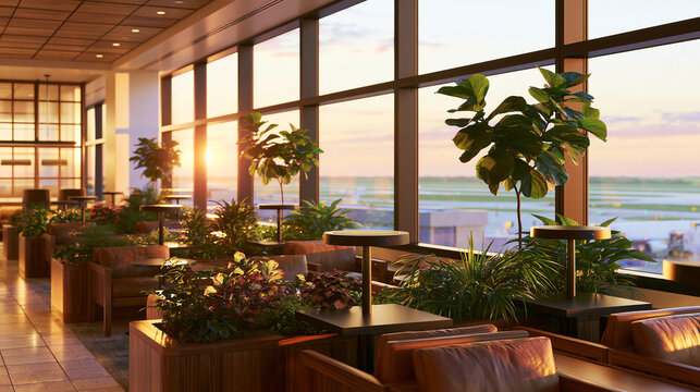 Plant-Filled Lounge Interior at Sunset