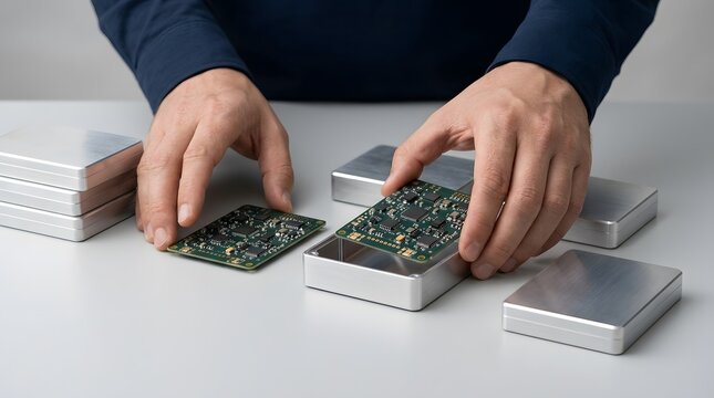 Technician assembling electronics hardware in a clean laboratory environment.