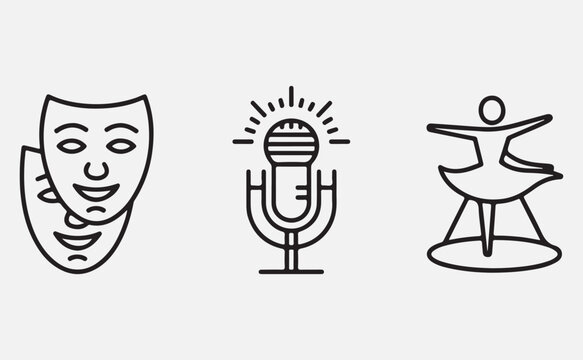  Three icons representing theater mask, microphone, and actor performing on stage