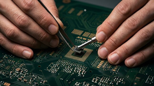 Technician repairing a motherboard with precision tools.