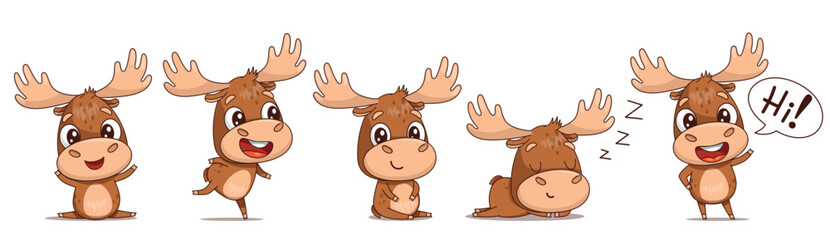 Adorable flat style moose character collection with clean outline featuring five different poses including waving and saying hi running sitting front sitting side and sleeping. Cute woodland animal © EnyaLis