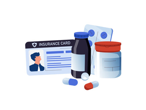 Health insurance card illustration featuring healthcare icons and medical objects representing digital coverage, patient
