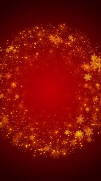 Golden snowflake holiday ring background festive glow, bright particles, circular winter sparkle. Christmas titles, greeting cards, seasonal ads, New Year videos, event screens, elegant animation