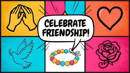 Fototapeta premium Colorful Friendship Day collage with symbols of friendship. Celebrating bonds and love with vibrant visuals.