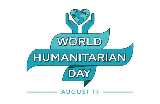World Humanitarian Day teal graphic with heart-shaped world and hands