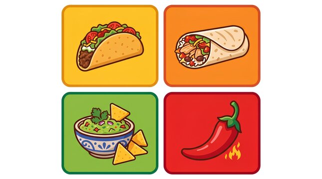 Mexican food icons taco burrito guacamole chili pepper flat design