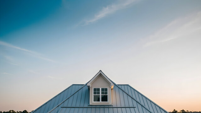 Metal roof of a house with a small dormer window against a clear blue sky at sunset