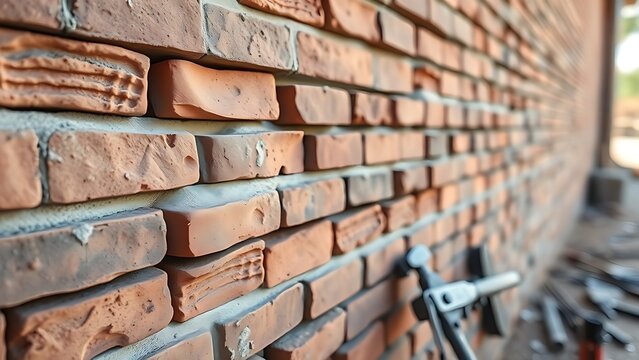 mortar. Stacked brick wall section with fresh mortar lines and construction tools nearby in morning light. real-estate listings.