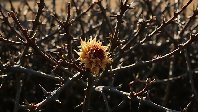 Dense thorny bush with glistening spikes entwining a withered flower, close-up.