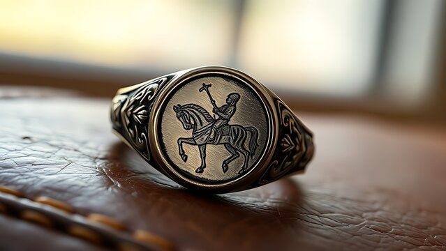 A classical signet ring with an engraved knight on horseback.