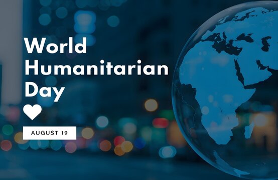 World Humanitarian Day background with globe and heart bokeh lights